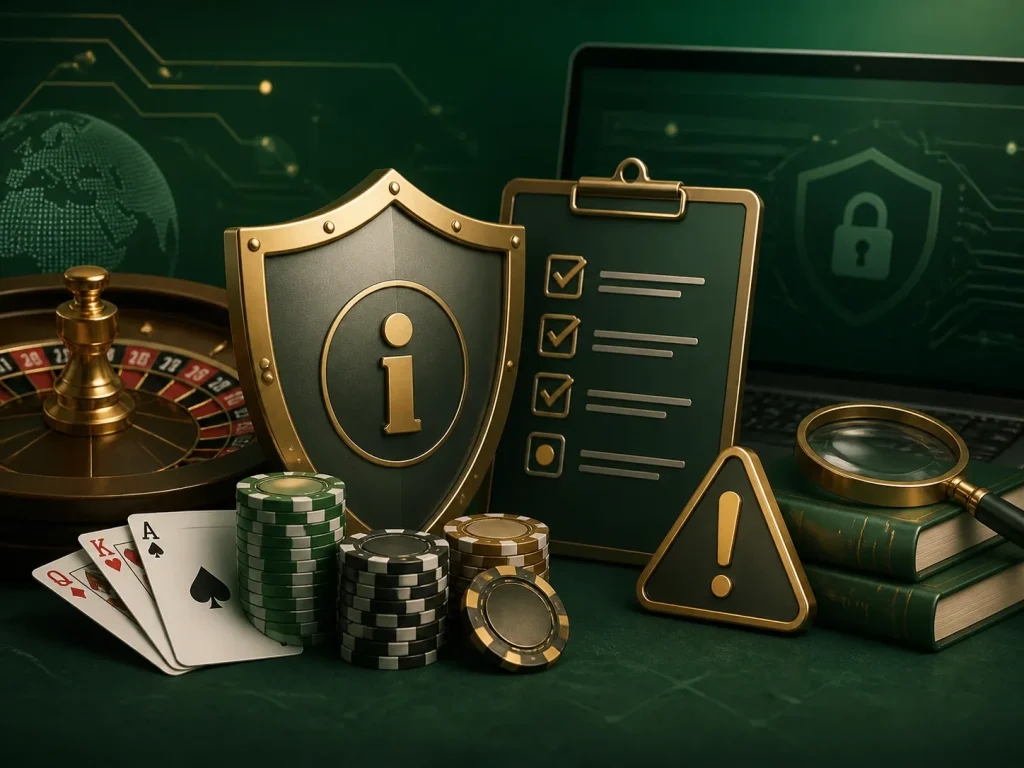 Elementos de cassino ao lado de uma verificação ilustrativa de segurança